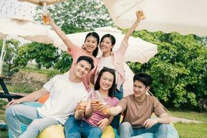 Group Asian people picnic outside photo