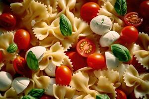 Pasta colored farfalle salad with tomatoes, mozzarella and basil. Illustration photo