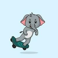 Vector cute baby elephant cartoon playing skateboard icon flat illustration.