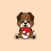 Vector cute baby dog cartoon holding love icon flat illustration.