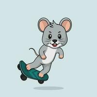 vector linda bebé ratón dibujos animados jugando patineta icono plano ilustración.