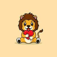 Vector cute baby lion cartoon holding love icon flat illustration.
