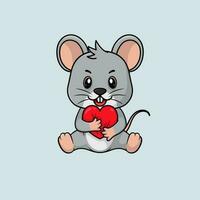 Vector cute baby mouse cartoon holding love icon flat illustration.