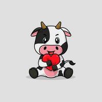 Vector cute baby cow cartoon holding love icon flat illustration.