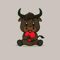 Vector cute baby bull cartoon holding love icon flat illustration.