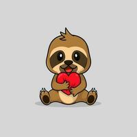 Vector cute baby sloth cartoon holding love icon flat illustration.