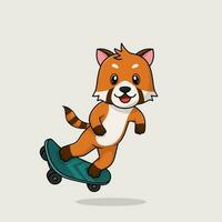 Vector cute baby red panda cartoon playing skateboard icon flat illustration.