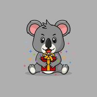 Vector cute baby koala cartoon happy holding gift flat icon illustration.