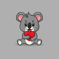 Vector cute baby koala cartoon holding love icon flat illustration.