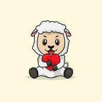 Vector cute baby sheep cartoon holding love icon flat illustration.