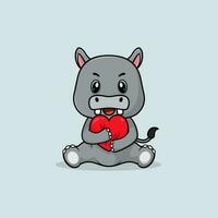 Vector cute baby hippo cartoon holding love icon flat illustration.