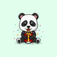 Vector cute baby panda cartoon happy holding gift flat icon illustration.