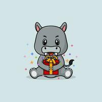 Vector cute baby hippo cartoon happy holding gift flat icon illustration.