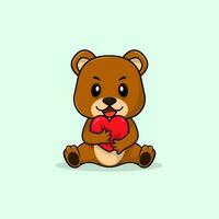 Vector cute baby bear cartoon holding love icon flat illustration.