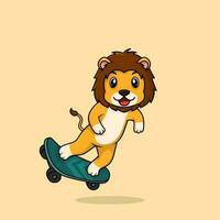 Vector cute baby lion cartoon playing skateboard icon flat illustration.
