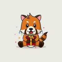 Vector cute baby red panda cartoon happy holding gift flat icon illustration.