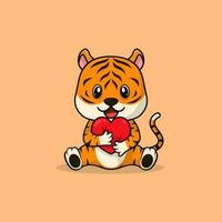 Vector cute baby tiger cartoon holding love icon flat illustration.