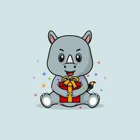 Vector cute baby rhino cartoon happy holding gift flat icon illustration.