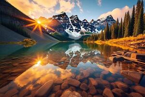 increíble todavía reflexiones a lago rodeado por montañas creado con generativo ai foto