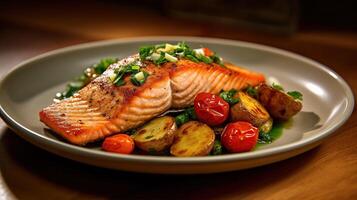 Golden seared salmon with roasted vegetables. A feast for the senses. Created with photo