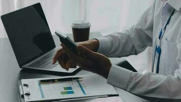 Audit concept,Administrator business man financial inspector and secretary making report calculating balance. Internal Revenue Service checking document. video