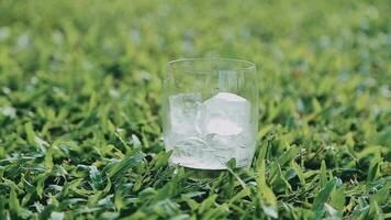 a glass of water with ice on nature background. video