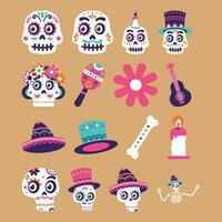 Day of Dead, Dia de los muertos, flat vector illustrations set. Sugar mexican skulls, skeletons in mexican traditional clothes. Hat, flower, candle isolated cliparts. Holiday stickers, patches pack