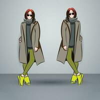 Sketch of an autumnal ensemble. concepts with style and glitz. Coat, jeans, sweater, and high heels are a must-have ensemble. glitzy clothes accessories. inspiring informality vector