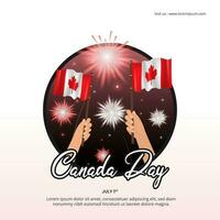 Square Canada Day background with hand holding flag and fireworks vector