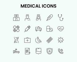 Set of 20 quality icons about health care and medical. Hospital, Doctor, Nurse, Ambulance, Patient and First Aid Icons. Outline icons about hospital and medical care. Simple Vector Illustration