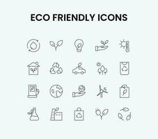 Outline Eco Friendly and Ecology Icons Set. Includes recycle, earth, renewable, electricity, and more icons. Simple Vector Illustration.