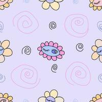 Seamless vector pattern with groovy style daisies in pastel colors.