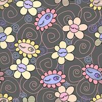 Seamless vector pattern with hippie style daisies on a gray background.