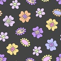 Seamless vector pattern with hippie style daisies on a gray background.