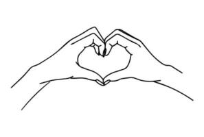 Hands make heart drawn in line art style, declaration of love, Valentine's Day, vector illustration.