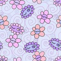 Seamless vector pattern with groovy style daisies in pastel colors.