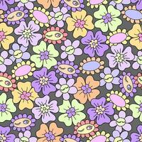 Seamless vector pattern with hippie style daisies on a gray background.