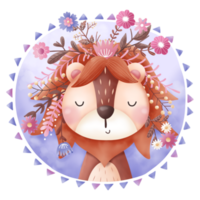 Cute baby lion and flowers illustration png