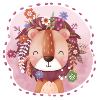 Cute baby lion and flowers illustration png