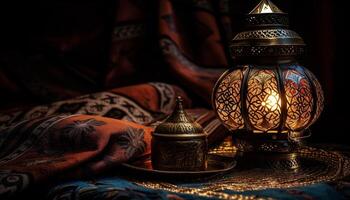 Antique lantern illuminates ornate arabic decorations indoors generated by AI photo