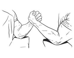 Two men fighting arm wrestling. Hand drawn vector line art illustration