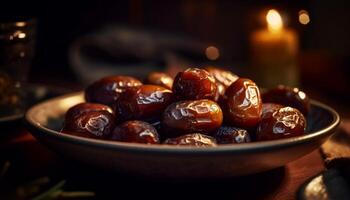 Fresh dessert on rustic table with sweet berries generated by AI photo