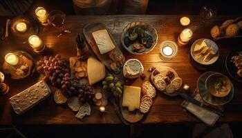 Rustic still life Gourmet cheese, wine, bread generated by AI photo