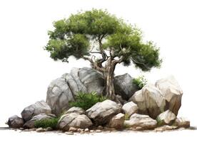 Tree and Rocks Isolated. Illustration AI Generative photo