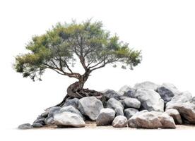 Tree and Rocks Isolated. Illustration AI Generative photo