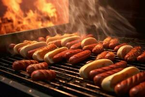 Cocinando caliente perros en un parrilla ilustración ai generativo foto