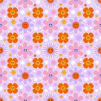 Groovy flower seamless pattern. Y2k floral smile background. Cartoon retro daisy print with funny faces. Vector trendy aesthetic illustration.