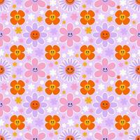 Groovy flower seamless pattern. Y2k floral smile background. Cartoon retro daisy print with funny faces. Vector trendy aesthetic illustration.