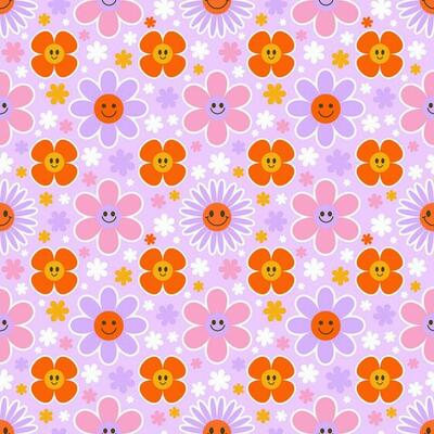 Groovy flower seamless pattern. Y2k floral smile background. Cartoon retro daisy print with funny faces. Vector trendy aesthetic illustration.
