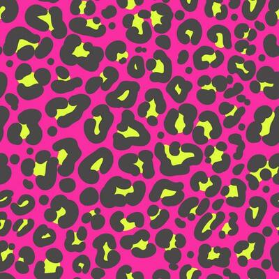Leopard print seamless pattern. Neon cheetah skin 80 90s design. Black and yellow spots on bright pink background. Vector